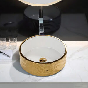 Wavy Curves Fluted Surface Bathroom Sink Gold Plated Colored Ceramic Sink Countertop Vanity Top Art Handcraft Wash Basin