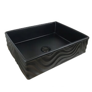 Handcraft Wavy Curves Fluted Surface Bathroom Sink Matt Black Rectangular Ceramic Sink Countertop Vanity Top Art Wash Basin