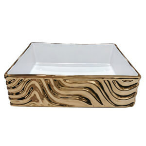 Handcraft Wavy Curves Fluted Surface Bathroom Sink Gold Plated Rectangular Ceramic Sink Countertop Vanity Top Art Wash Basin