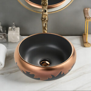 Matt Black Rose Gold Colored Bathroom Round Ceramic Sink Curves Print Vanity Top Mounted Art Washbasin Sanitary Wholesaler
