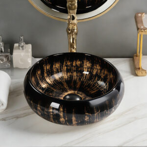 Black Gold Colored Bathroom Round Ceramic Vessel Sink Golden Print Vanity Top Mounted Art Washbasin Sanitary Wholesaler