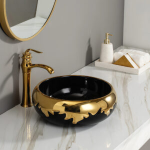 Middle East Style Gold Plated Curves Decor Bathroom Sink Black Rectangular Ceramic Sink Countertop Vanity Top Art Wash Basin