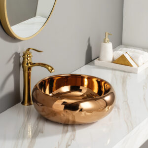Luxury Plated Curves Decor Bathroom Round Ceramic Sink Rose Gold Colored Countertop Vanity Top Art Wash Basin Factory Price