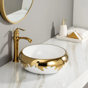 Electroplated White Gold Curves Decor Bathroom Round Ceramic Sink Golden Colored Countertop Vanity Top Art Washbasin Sanitary Wholesaler