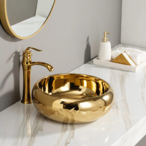 Gold Electroplated Curves Decor Bathroom Round Ceramic Sink Golden Colored Vanity Top Mounted Art Washbasin Sanitary Wholesaler