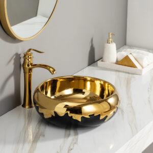 Gold Electroplated Curves Print Bathroom Round Ceramic Sink Golden Colored Vanity Top Mounted Art Washbasin Sanitary Wholesaler