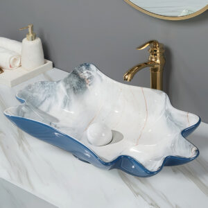 Fashion Heteromorphic Vanity Top Basin Bowl Sleek Blue Glazed Marble Print Art Vessel Sink Ceramic Washbasin for Hotel & Home Bathroom