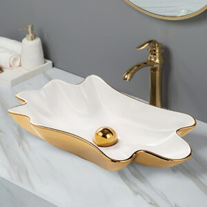 Unique Design Flower Edge Art Basin Gold Plated Bathroom Vessel Sink Ceramic Vanity Top Basin Bowl Washbasin for Hotel & Home Bathroom