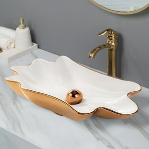 Unique Design Flower Edge Art Basin Rose Gold Bathroom Vessel Sink Ceramic Vanity Top Basin Bowl Washbasin for Hotel & Home Bathroom