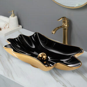 Black Gold Electroplated Heteromorphic Shape Art Vessel Sink Ceramic Vanity Top Basin Bowl Washbasin for Hotel & Home Bathroom