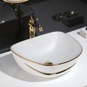 Luxurious Gold Edge Glossy White Glazed Ceramic Bathroom Above Counter Basin Sink Bowl for Hand Wash Art Shaped Washbasin Sinks