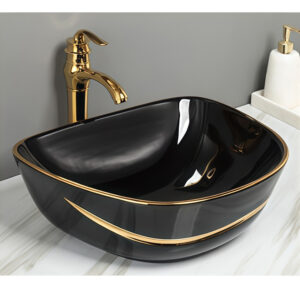 Premium Design Sleek Black Ceramic Sink with Gold Trim Bathroom Above Counter Basin Sink Bowl Handcraft Shaped Washbasin