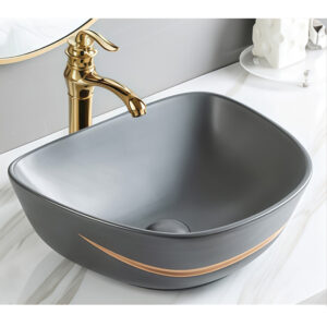 Premium Design Sleek Matt Grey Ceramic Sink with Gold Trim Bathroom Above Counter Basin Sink Bowl Handcraft Shaped Washbasin