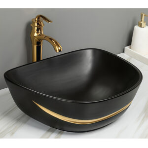 Unique Black Gold Art Basin Matt Glazed Ceramic Sink with Gold Trim Bathroom Above Counter Basin Sink Bowl Handcraft Shaped Washbasin