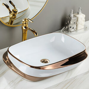 Rose Gold Electroplated Bathroom Furniture Cabinet Basin for Hand Wash Rectangular Curve Decorated Washbasin Lavatory Sink Bowl