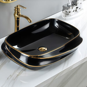 High End Gold Edge Glossy Black Glazed Ceramic Bathroom Top Mounted Basin Sink Bowl for Hand Wash Art Shaped Washbasin Sink