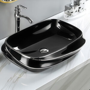 Avant-Garde Silver Edge Glossy Black Glazed Ceramic Bathroom Top Mounted Basin Sink Bowl for Hand Wash Art Shaped Washbasin Sink