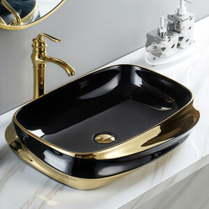 Factory Direct Gold Plated Glossy Black Glazed Ceramic Bathroom Top Mounted Basin Sink Bowl for Hand Wash Art Shaped Washbasin Sink