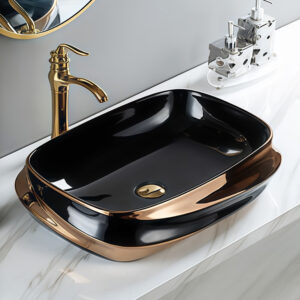 Factory Direct Rose Gold Plated Glossy Black Glazed Ceramic Bathroom Top Mounted Basin Sink Bowl for Hand Wash Art Shaped Washbasin Sinks