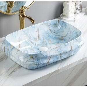 Decorative Marble Textured Counter Top Hand Wash Basin Ceramic Vessel Bathroom Sink Bowl Sanitary Ware Art Blue Glazed Washbasin Washstand