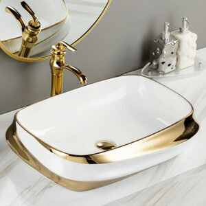 Customized Electroplated Bathroom Furniture Cabinet Basin for Hand Wash Gold Edge Rectangular Washbasin Lavatory Sink Bowl