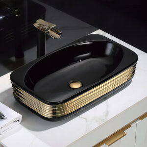 Modern Black Gold Rectangular Vessel Sink Matt Color Gold Striped Vanity Top Basin Bowl Washbasin for Home & Hotel Bathrooms
