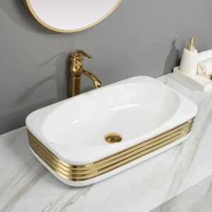 Modern Bathroom Gold Striped Glossy Glazed Ceramic Vessel Sink Vanity Top Basin Bowl Washbasin Wholesale for Projects