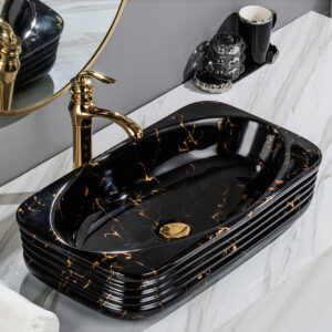 Modern Bathroom Marble Print Vessel Sink Striped Surface Vanity Top Basin Bowl Ceramic Washbasin with Gold Veining Trim Wholesale for Projects
