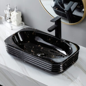 Unique Marble Print Vessel Sink Striped Fluted Vanity Top Basin Bowl Glossy Black Ceramic Washbasin with Gold Veining Trim Wholesale for Projects
