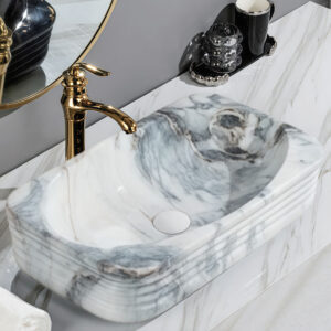 Unique Design Marble Print Vessel Sink Striped Fluted Above Counter Basin Bowl Ceramic Washbasin Wholesale for Projects