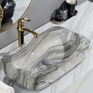 Hotel Grade Dark Marble Print Vessel Sink Striped Fluted Above Counter Basin Bowl Ceramic Washbasin Wholesale for Projects