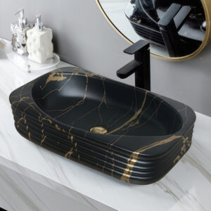 Hotel Grade Matt Black Gold Marble Print Vessel Sink Above Counter Basin Bowl Ceramic Washbasin Wholesale for Projects