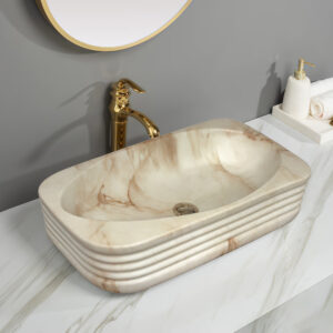 Yellow Marble Effect Electroplated Basin Bathroom Vessel Sink Above Counter Basin Bowl Ceramic Washbasin Wholesale for Projects