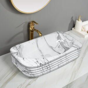 Elegant Marble Print Electroplated Basin Bathroom Vessel Sink Above Counter Basin Bowl Ceramic Washbasin for Bathroom Upgrade