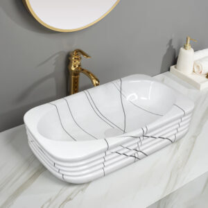 Elegant Marble Print Electroplated Basin Bathroom Vessel Sink Above Counter Basin Bowl Ceramic Washbasin for Bathroom Upgrade