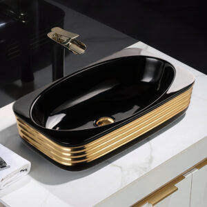 Modern Black Gold Rectangular Vessel Sink Gold Striped Vanity Top Basin Bowl Glossy Glazed Ceramic Washbasin for Bathrooms