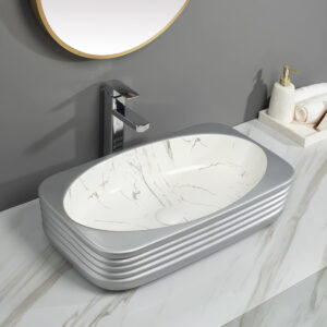 Modern Bathroom Furniture Silver Plated Vessel Sink Striped Surface Vanity Top Basin Bowl Glossy Glazed Ceramic Washbasin Wholesale for Projects