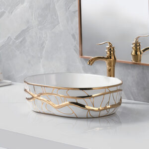 Fashion Design Art Basin Golden Line Ceramic Sink Handmade Bathroom Above Counter Basin Gold Plated Sink Bowl Washbasin