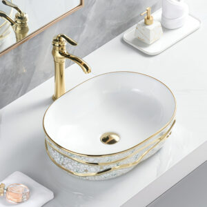 Marble Type Art Ceramic Sink Handmade Bathroom Above Counter Basin Gold Plated Line Decoration Sink Bowl Washbasin