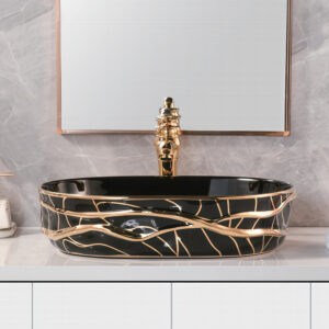 Factory Direct Black Art Ceramic Sink Handmade Bathroom Above Counter Basin Gold Plated Line Decoration Sink Bowl Washbasin