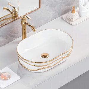 New Design Gold Plated Art Basin High Quality Glazed Ceramic Sink Bathroom Above Counter Basin Sink Bowl Handcraft Washbasin
