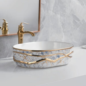 Handcraft Art Basin White Glazed Ceramic Sink Marble Type Bathroom Above Counter Basin Gold Plated Sink Bowl Washbasin