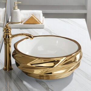 Modern Geometric Faceted Electroplated Bathroom Round Ceramic Sink Gold Colored Vanity Top Mounted Art Washbasin Factory Direct
