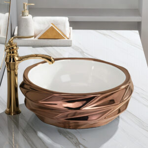 Modern Geometric Faceted Electroplated Bathroom Round Sink Metallic Colored Ceramic Art Basin Washbasin Wholesale for Projects