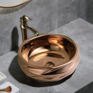 Unique Faceted Gold Art Basin Metallic Colored Ceramic Bathroom Round Sink Bowl Electroplated Washbasin Wholesale for Projects