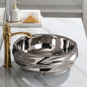 Unique Faceted Silver Art Basin Metallic Colored Ceramic Bathroom Round Sink Bowl Electroplated Washbasin Wholesale for Projects