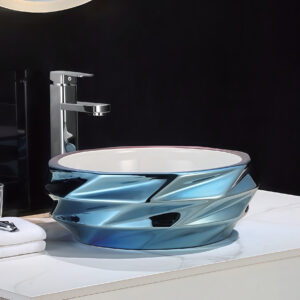 Avant-Grade Faceted Art Basin Sleek Blue Metallic Colored Ceramic Bathroom Round Sink Bowl Electroplated Washbasin Wholesale for Projects