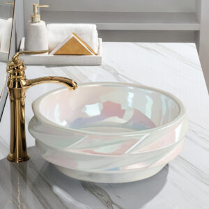 Premium Geometric Vessel Sink Pearl White Sleek Glazed Ceramic Bathroom Round Sink Bowl Electroplated Washbasin Wholesale for Projects