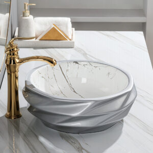 High Quality Geometric Vessel Sink Sleek Grey Glazed Ceramic Bathroom Round Sink Bowl Marble Print Washbasin Wholesale for Projects