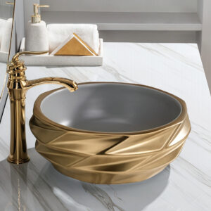 Hot Items Matt Grey Interior Gold Exterior Ceramic Bathroom Geometric Vessel Basin Bowl Washbasin Wholesale for Hotel Home Bathrooms